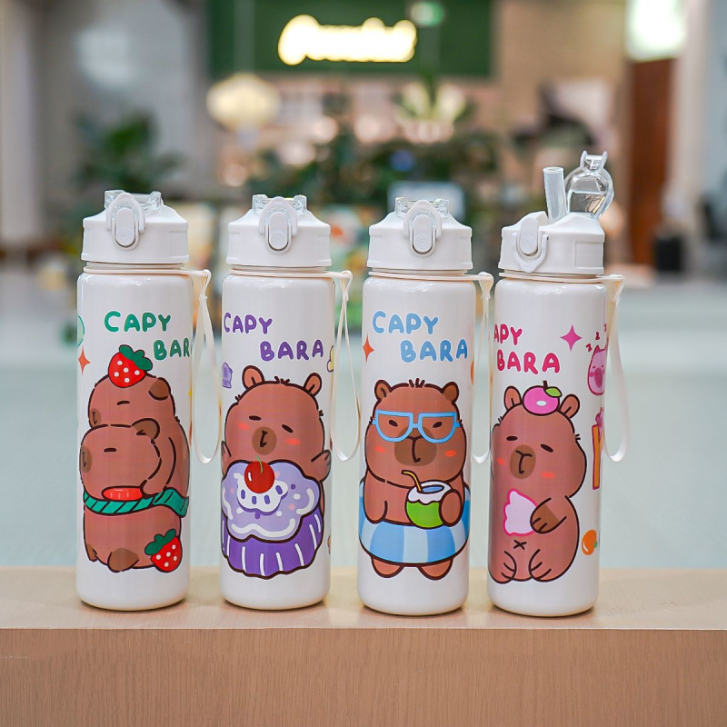 „Capibala“ vidutinio dydžio puodelis, mielas meškiuko formos šiaudelis, vandens puodelis studentams, šokinėjantis animacinių filmukų sportinis puodelis su virvele