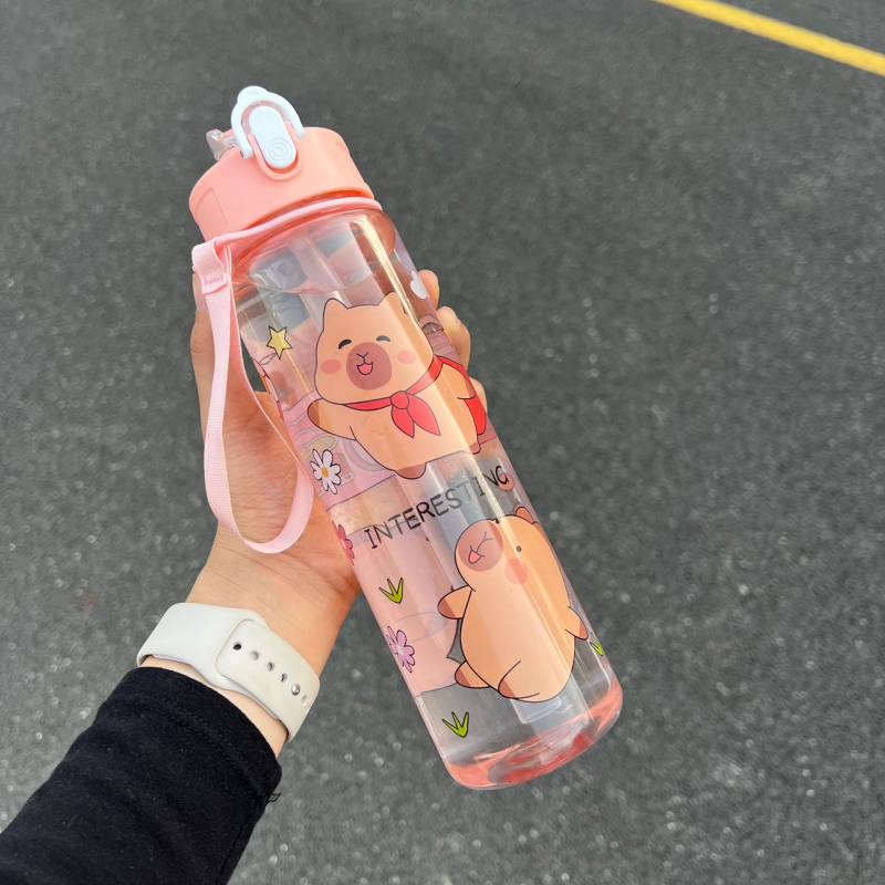 „Capibala“ vidutinio dydžio puodelis, mielas meškiuko formos šiaudelis, vandens puodelis studentams, šokinėjantis animacinių filmukų sportinis puodelis su virvele