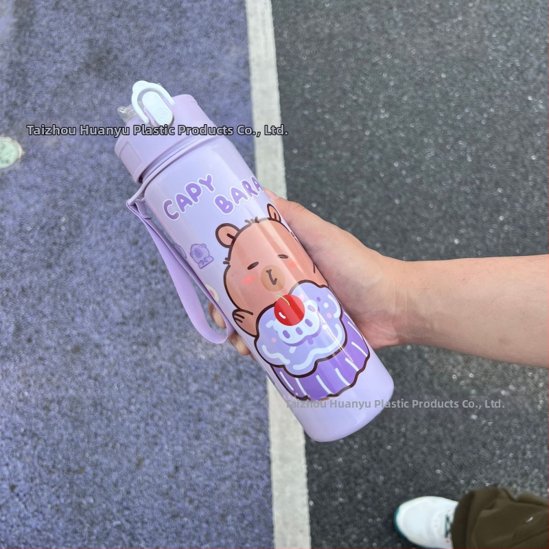 „Capibala“ vidutinio dydžio puodelis, mielas meškiuko formos šiaudelis, vandens puodelis studentams, šokinėjantis animacinių filmukų sportinis puodelis su virvele