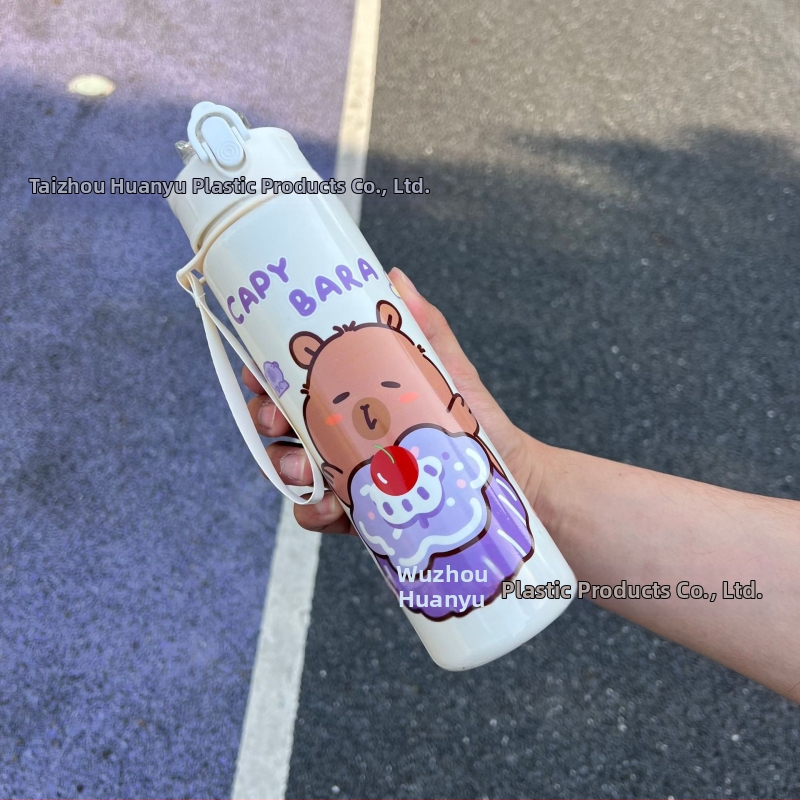 „Capibala“ vidutinio dydžio puodelis, mielas meškiuko formos šiaudelis, vandens puodelis studentams, šokinėjantis animacinių filmukų sportinis puodelis su virvele