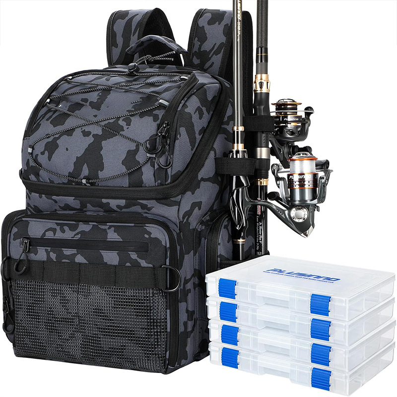 Guangdžou šaltinio gamyklos pritaikytas „Amazon“ karšto išpardavimo taktinis kamufliažinis žvejybos įrankių kuprinės kamufliažinis „Luya“ krepšys meškerės kuprinė