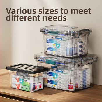 Läbipaistev kaasaskantav majapidamises kasutatav kaasaskantav ravimikarp suure mahutavusega esmaabi meditsiinitarvete hoiukarp ravimite klassifikatsiooniga plastist mitmekihiline