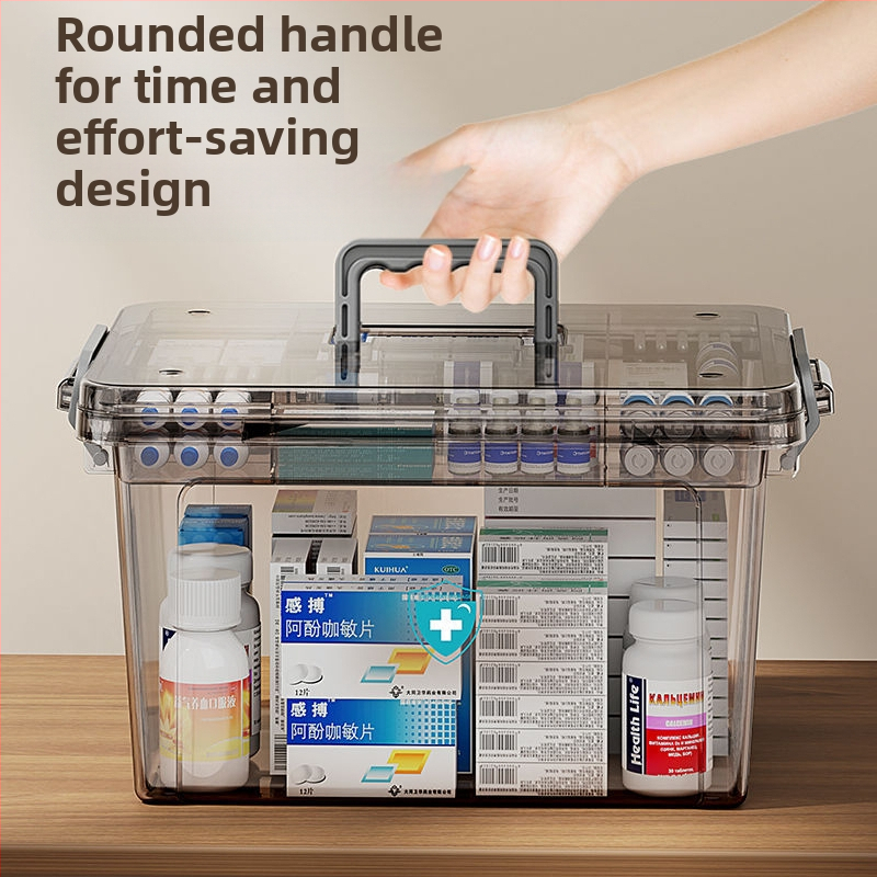 Прозрачна преносима кутия за лекарства за домакинство с голям капацитет, кутия за съхранение на медицински консумативи за първа помощ, класификация на лекарства, пластмасова многослойна