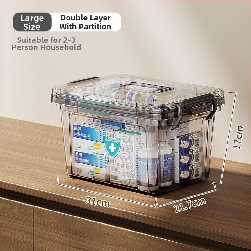 Läbipaistev kaasaskantav majapidamises kasutatav kaasaskantav ravimikarp suure mahutavusega esmaabi meditsiinitarvete hoiukarp ravimite klassifikatsiooniga plastist mitmekihiline