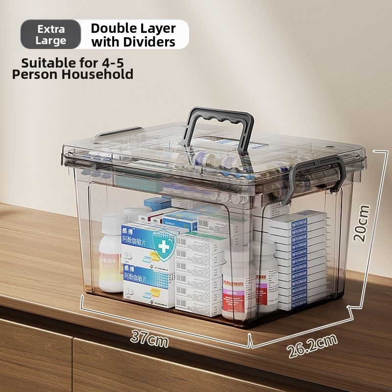 Läbipaistev kaasaskantav majapidamises kasutatav kaasaskantav ravimikarp suure mahutavusega esmaabi meditsiinitarvete hoiukarp ravimite klassifikatsiooniga plastist mitmekihiline