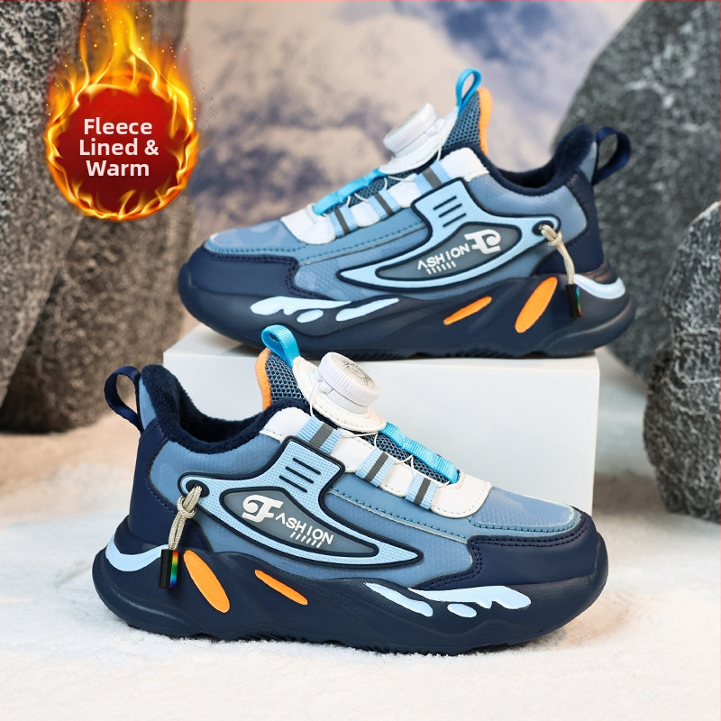2023 есенни и зимни кожени водоустойчиви детски обувки за момчета, неплъзгащи се, средни и големи, детски, въртяща се катарама, с поларена подплата