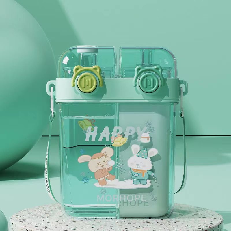 Висококачествена под-складова чаша за момичета с двойна сламка за пиене, преносима спортна чаша за вода, детска училищна специална чаша за вода за ученици