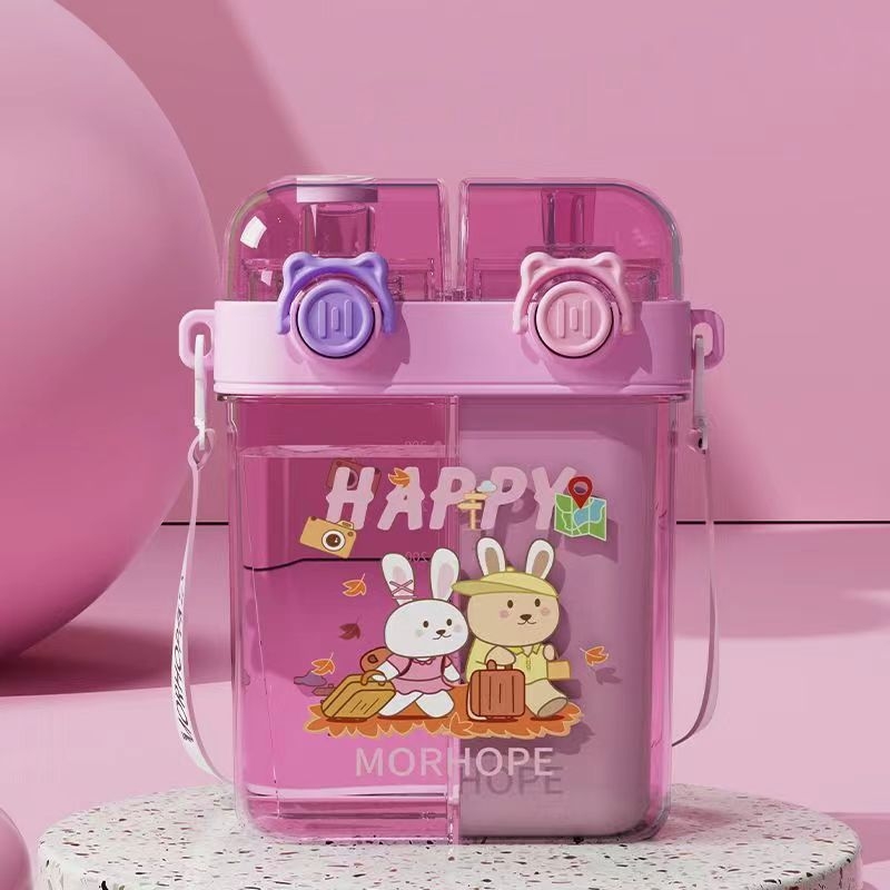 Висококачествена под-складова чаша за момичета с двойна сламка за пиене, преносима спортна чаша за вода, детска училищна специална чаша за вода за ученици