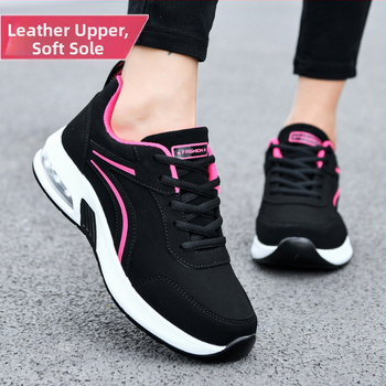Γυναικεία παπούτσια μάρκας φθινοπώρου και χειμώνα με αερόσακο, δερμάτινα αδιάβροχα αθλητικά παπούτσια με μαλακό πάτο, αντιολισθητικά, casual παπούτσια ταξιδιού, μαύρα γυναικεία παπούτσια τρεξίματος