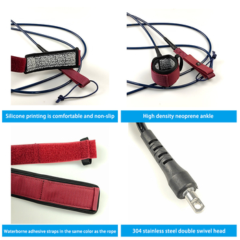 Sandėlyje esanti banglenčių virvė, 7 mm vielos skersmens, įvairių specifikacijų, banglenčių pėdų virvė su silikoniniu spaudiniu.