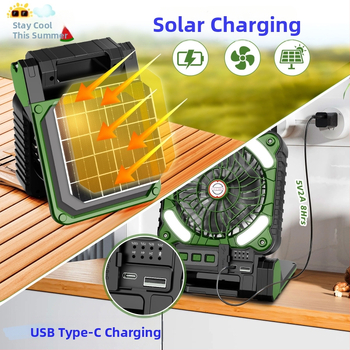Ventilator solar portabil în aer liber, lumină de camping, pescuit, USB, cu încărcare dublă, economisire de energie, vară rece