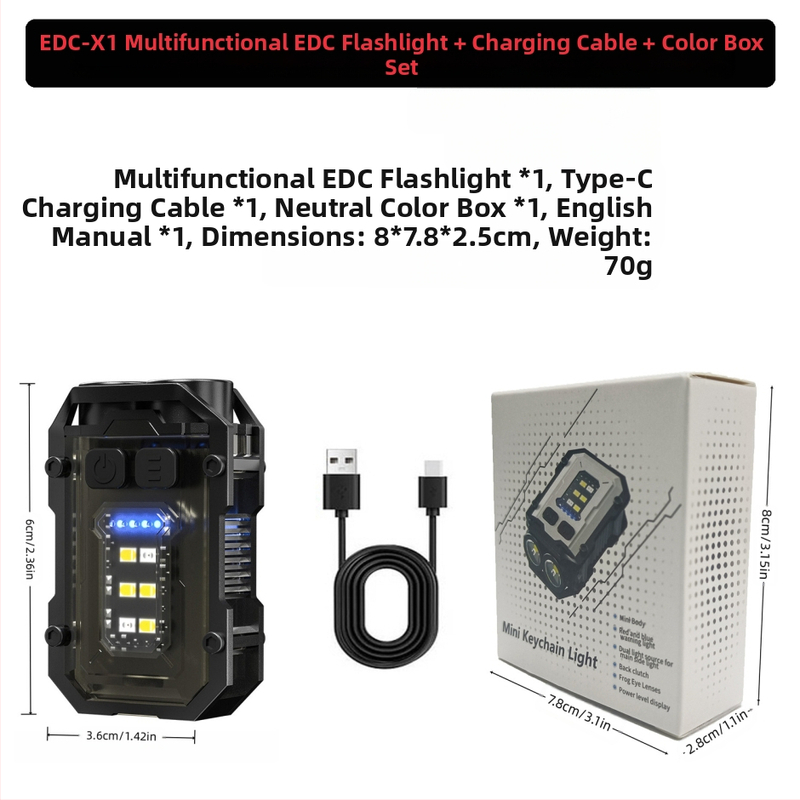 Kültéri Edc zseblámpa kulcstartó lámpa többfunkciós újratölthető kültéri munkalámpa három fényforrású hordozható erős fényű zseblámpa