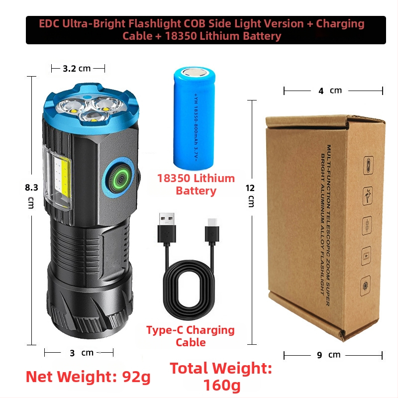 Kültéri Edc zseblámpa kulcstartó lámpa többfunkciós újratölthető kültéri munkalámpa három fényforrású hordozható erős fényű zseblámpa