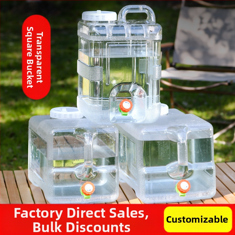 Kültéri átlátszó vödör csapteleppel, autós kemping stílusú önvezető túra, ásványvíz, tiszta ivóvíz tároló, víztároló tartály
