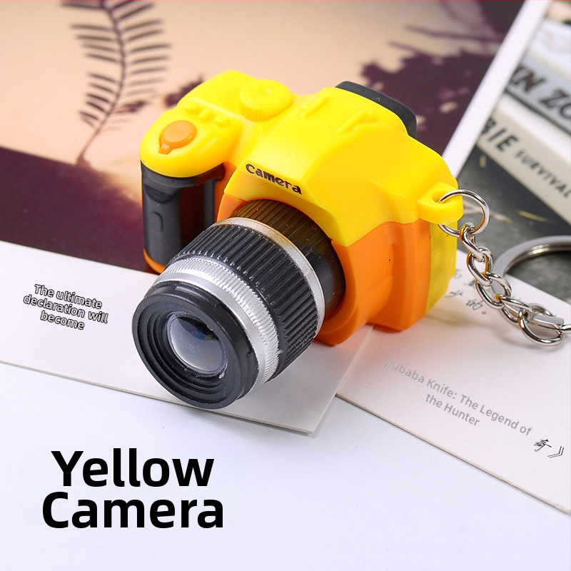 Kreatív LED fényű, világító hangszimulációs tükörreflexes fényképezőgép kulcstartó aranyos kulcstartó táska medál medál