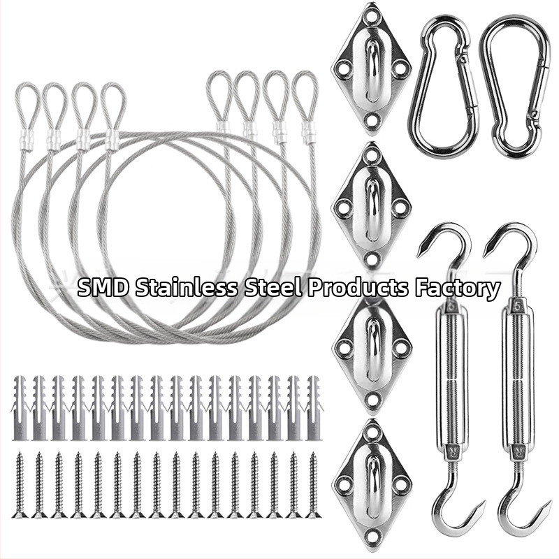 Saulės skėčio burės priedai, trikampis keturkampis saulės tinklas iš nerūdijančio plieno, rombo formos sagtis, spyruoklinis kablis, durų sagties vielinių lynų rinkinys