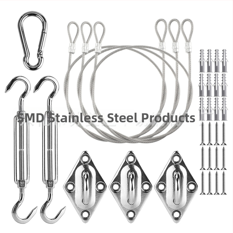 Saulės skėčio burės priedai, trikampis keturkampis saulės tinklas iš nerūdijančio plieno, rombo formos sagtis, spyruoklinis kablis, durų sagties vielinių lynų rinkinys