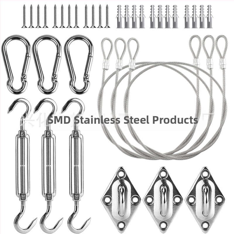 Saulės skėčio burės priedai, trikampis keturkampis saulės tinklas iš nerūdijančio plieno, rombo formos sagtis, spyruoklinis kablis, durų sagties vielinių lynų rinkinys