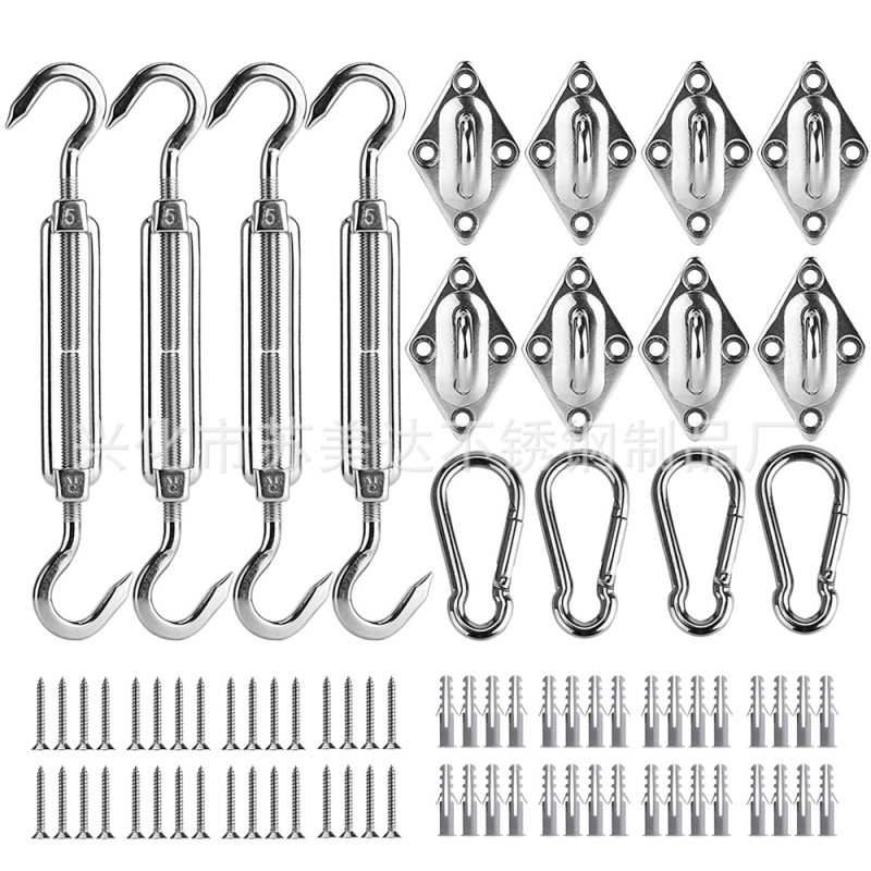 Saulės skėčio burės priedai, trikampis keturkampis saulės tinklas iš nerūdijančio plieno, rombo formos sagtis, spyruoklinis kablis, durų sagties vielinių lynų rinkinys