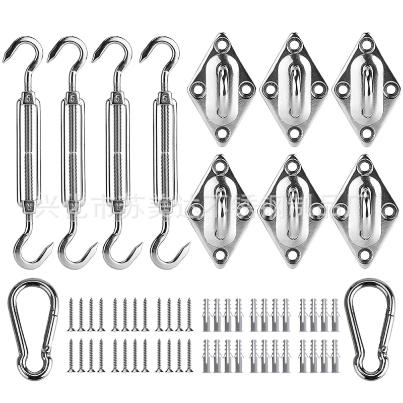 Saulės skėčio burės priedai, trikampis keturkampis saulės tinklas iš nerūdijančio plieno, rombo formos sagtis, spyruoklinis kablis, durų sagties vielinių lynų rinkinys