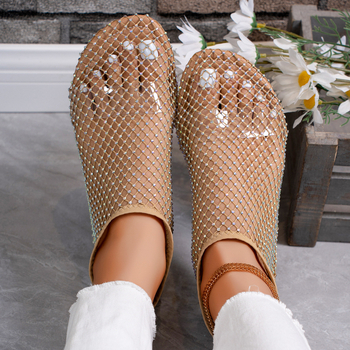 Καλοκαίρι 2024 Νέα Σανδάλια με Στρογγυλή Μύτη Hollow Internet Celebrity Κοντές Μπότες με Διαμάντια Καλοκαιρινά Διασυνοριακά Εξωτερικού Εμπορίου Μεγάλα Φλατ Παπούτσια