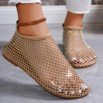 Καλοκαίρι 2024 Νέα Σανδάλια με Στρογγυλή Μύτη Hollow Internet Celebrity Κοντές Μπότες με Διαμάντια Καλοκαιρινά Διασυνοριακά Εξωτερικού Εμπορίου Μεγάλα Φλατ Παπούτσια