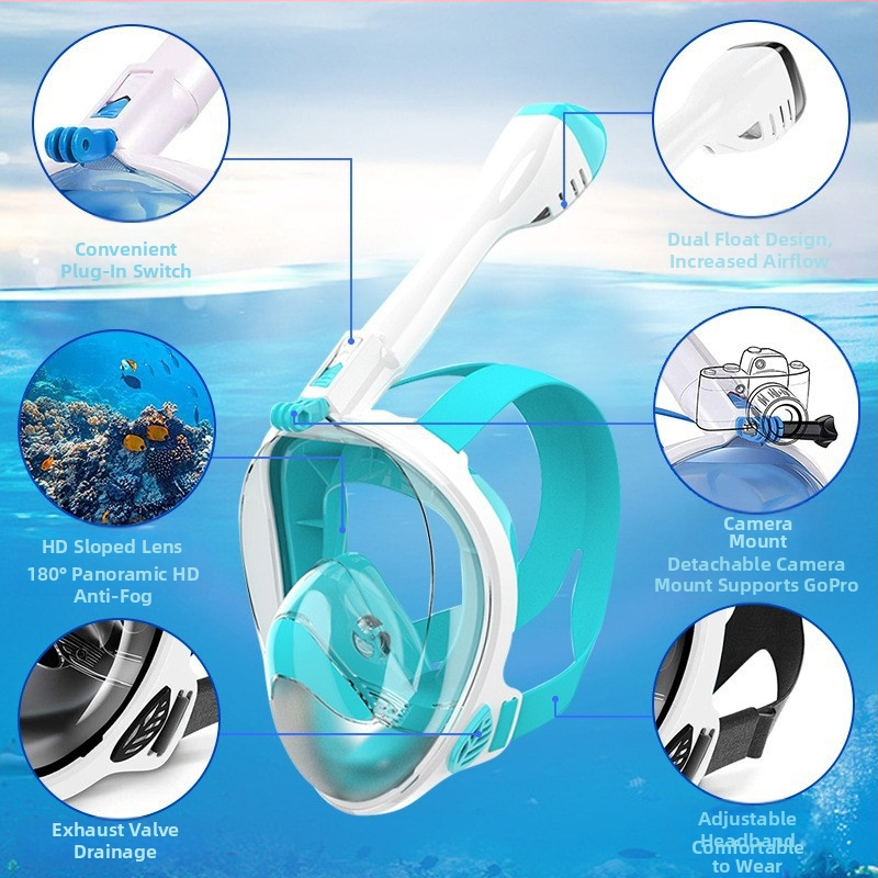 Маска за гмуркане, дишане, разделяне на дихателните пътища, дихателна тръба, лесна за включване, поддръжка за GoPro камера, напълно суха маска против замъгляване