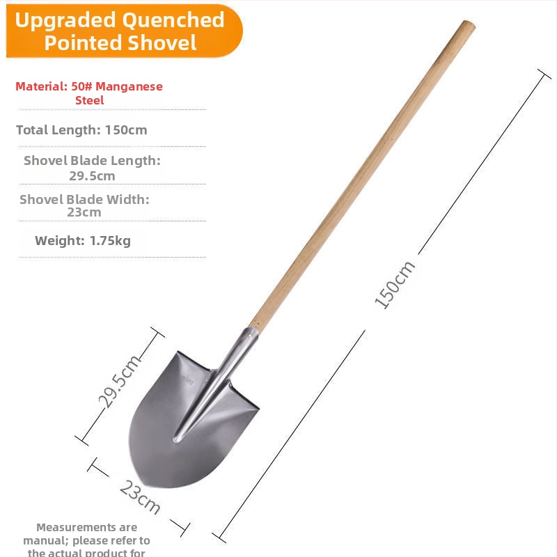 Didelis mangano plieno kastuvas lauke, kasti dirvą, atlaisvinti artefaktą, sodo sodo įrankius, sodinti daržoves, žemės ūkio, medinę rankeną, geležinį šaukštą