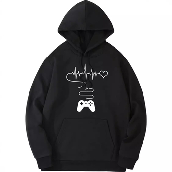 Мъжки пуловер с качулка и графичен дизайн с връзки