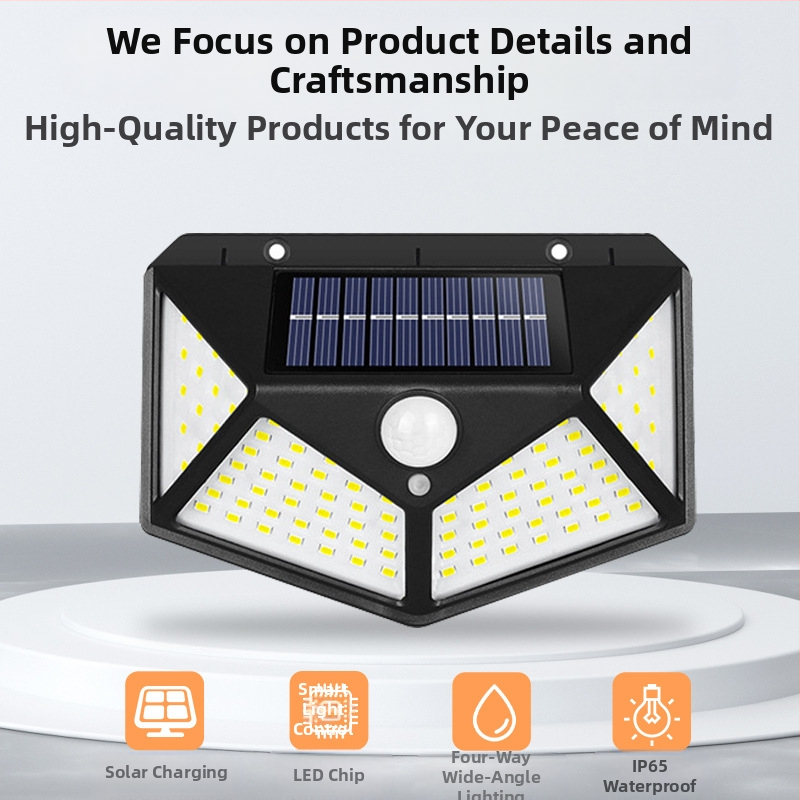 Трансгранична слънчева стенна лампа за външен двор 100LED четиристранна светоизлъчваща индукционна лампа за домашен, градински и пейзажен пейзаж