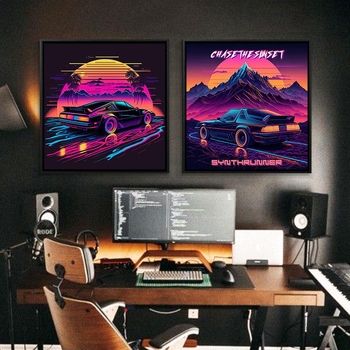 Retro auto rippuv maal õlimaali plakat küberpunk sportauto klubi seinakaunistus maalimisbaar e-spordi seinamaaling