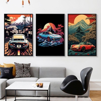 Retro auto rippuv maal õlimaali plakat küberpunk sportauto klubi seinakaunistus maalimisbaar e-spordi seinamaaling