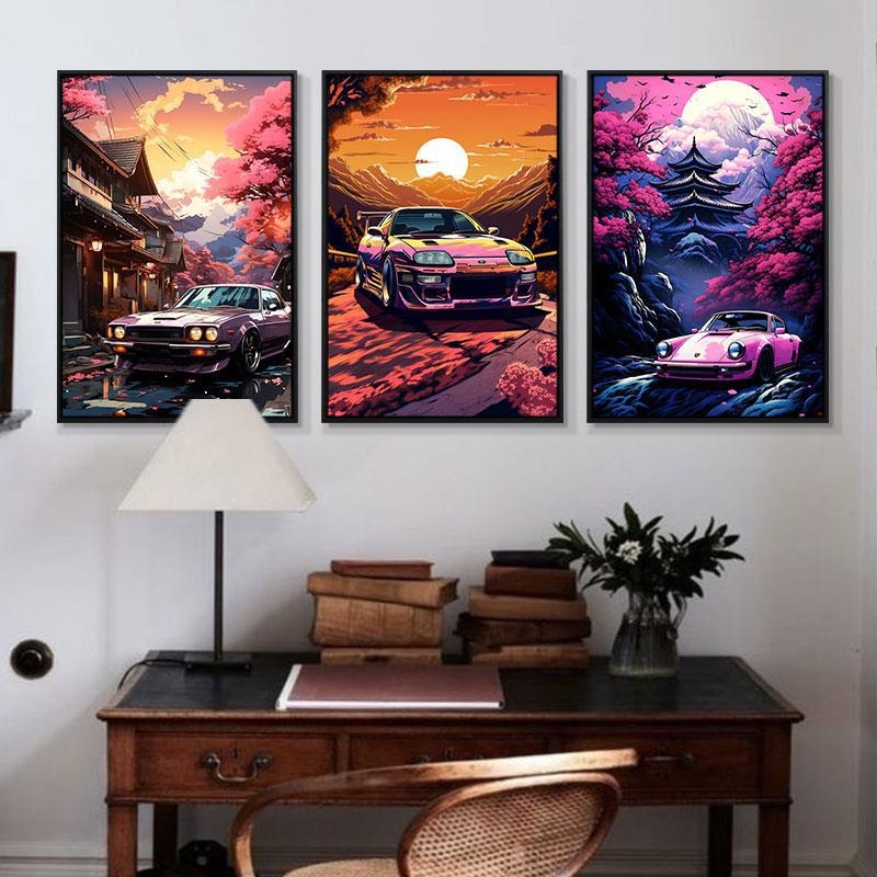 Retro auto rippuv maal õlimaali plakat küberpunk sportauto klubi seinakaunistus maalimisbaar e-spordi seinamaaling