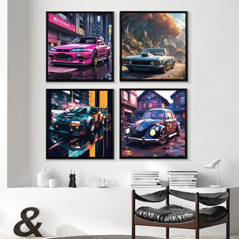Retro auto rippuv maal õlimaali plakat küberpunk sportauto klubi seinakaunistus maalimisbaar e-spordi seinamaaling