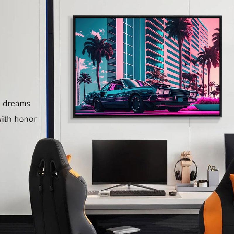 Retro auto rippuv maal õlimaali plakat küberpunk sportauto klubi seinakaunistus maalimisbaar e-spordi seinamaaling