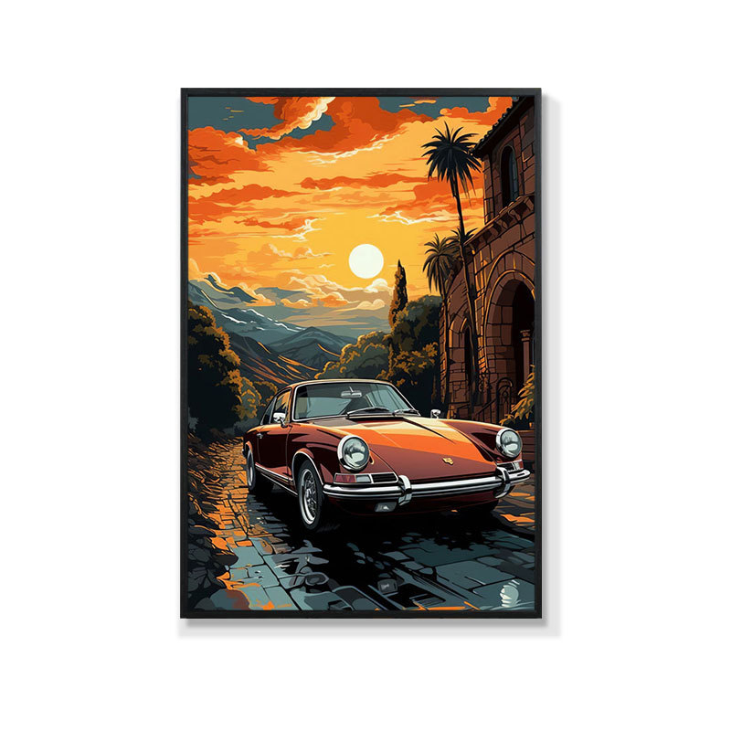 Retro auto rippuv maal õlimaali plakat küberpunk sportauto klubi seinakaunistus maalimisbaar e-spordi seinamaaling