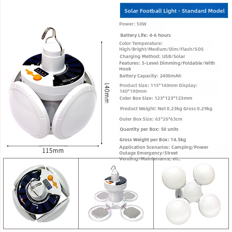 Päikeseenergial laetav lambipirn elektrikatkestuse hädaolukorraks, ööturu putka, majapidamises kasutatav energiasäästlik kokkupandav jalgpallivalgusti, tugev valgus