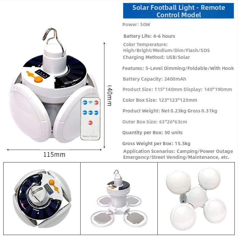 Päikeseenergial laetav lambipirn elektrikatkestuse hädaolukorraks, ööturu putka, majapidamises kasutatav energiasäästlik kokkupandav jalgpallivalgusti, tugev valgus