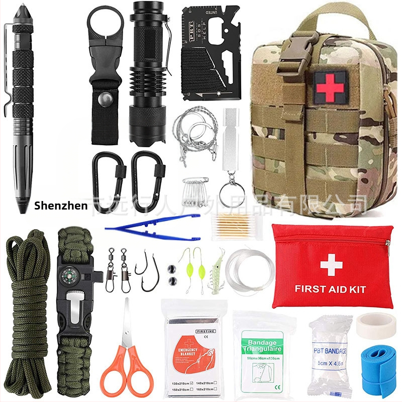 Kültéri elsősegélycsomag kaland-hegymászás kempingezés vészhelyzeti kempingfelszerelés EDC többfunkciós túlélőeszköz kombináció