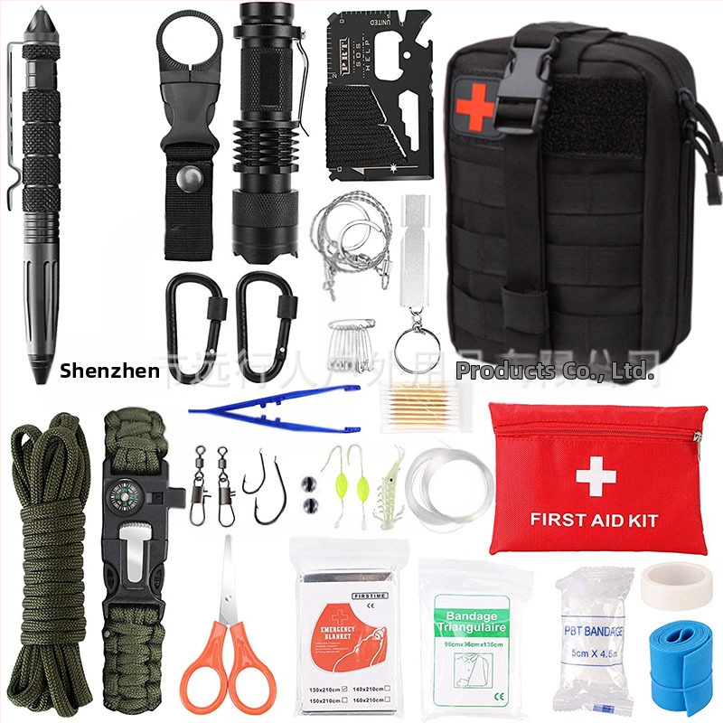 Kültéri elsősegélycsomag kaland-hegymászás kempingezés vészhelyzeti kempingfelszerelés EDC többfunkciós túlélőeszköz kombináció
