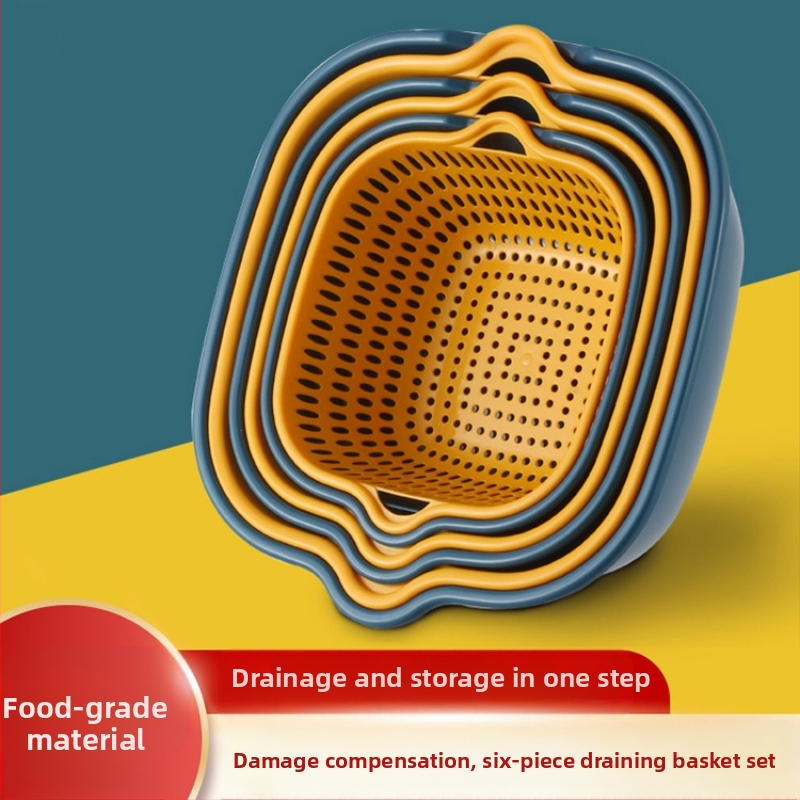 Dvisluoksnis sustorintas daržovių plovimo dubuo su šešių dalių rinkiniu virtuvės vaisių plovimui, buitinis daržovių plovimo dubuo, daržovių krepšelis, madingas