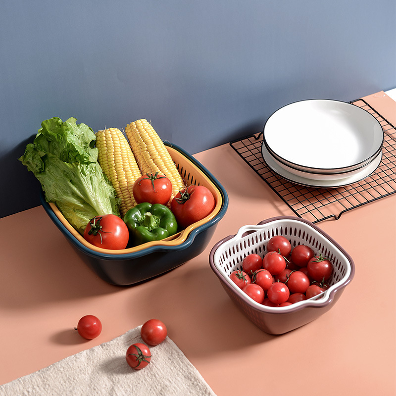 Dvisluoksnis sustorintas daržovių plovimo dubuo su šešių dalių rinkiniu virtuvės vaisių plovimui, buitinis daržovių plovimo dubuo, daržovių krepšelis, madingas