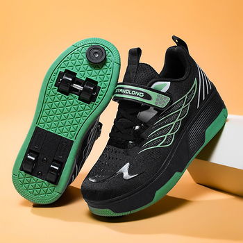 Nauji keturračiai „Tyranno“ batai su įkrovimo pačiūžomis ir lengvais vaikiškais dviračiais sprogstamaisiais vaikščiojimo batais, nematomais automatiniais mygtukais riedučiais