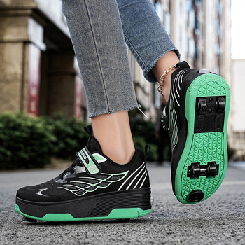 Nauji keturračiai „Tyranno“ batai su įkrovimo pačiūžomis ir lengvais vaikiškais dviračiais sprogstamaisiais vaikščiojimo batais, nematomais automatiniais mygtukais riedučiais