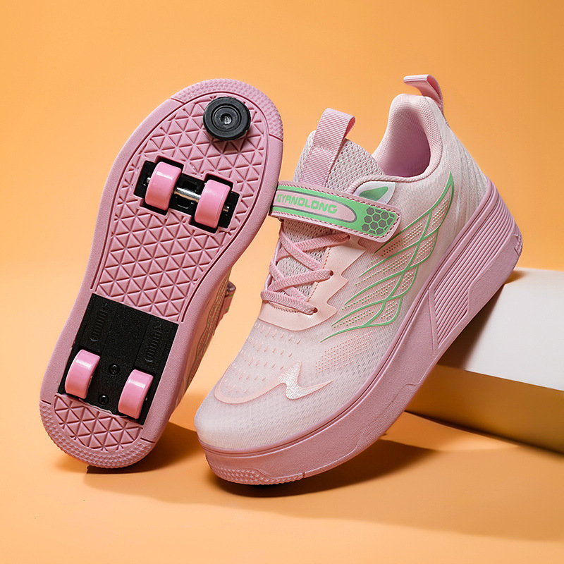 Nauji keturračiai „Tyranno“ batai su įkrovimo pačiūžomis ir lengvais vaikiškais dviračiais sprogstamaisiais vaikščiojimo batais, nematomais automatiniais mygtukais riedučiais