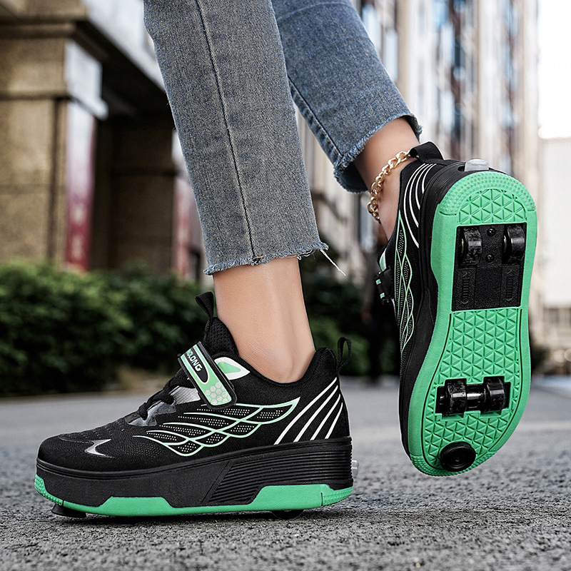 Nauji keturračiai „Tyranno“ batai su įkrovimo pačiūžomis ir lengvais vaikiškais dviračiais sprogstamaisiais vaikščiojimo batais, nematomais automatiniais mygtukais riedučiais