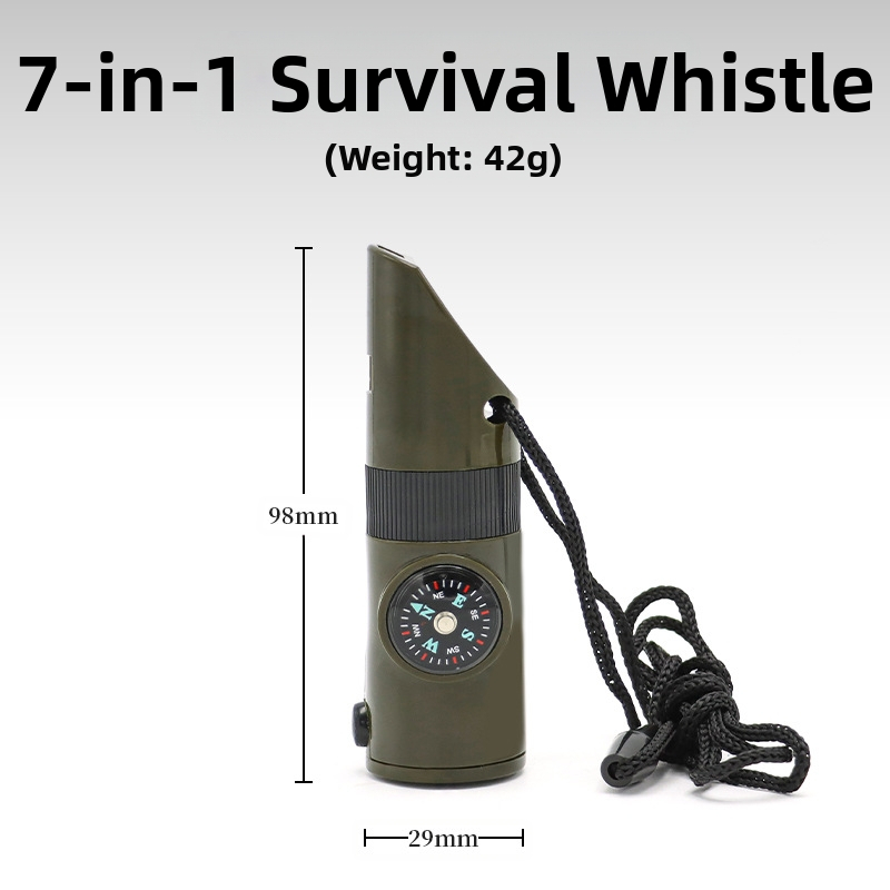 Fluier multifuncțional șapte în unu pentru camping în aer liber, fluier de supraviețuire pentru prietenul măgarului, fluier de salvare a vieții cu lanternă, termometru și busolă