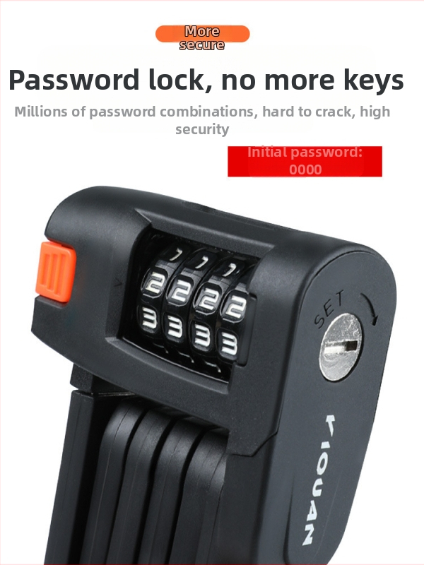 Сгъваема ключалка за велосипеди против кражба, водоустойчива, антикорозионна, от легирана стомана, четирицифрена кодова ключалка, оборудване за шосейно колоездене