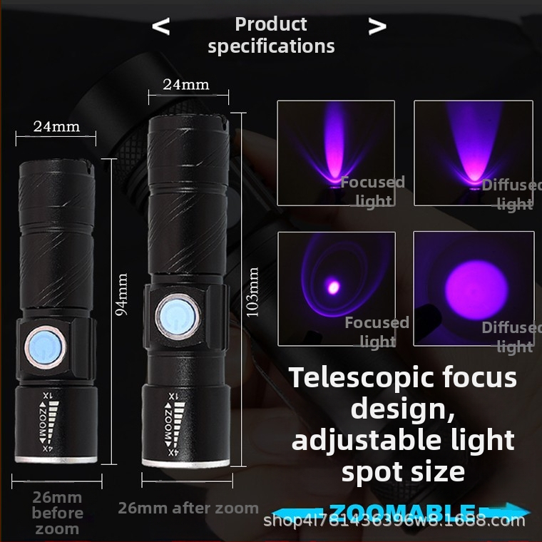 Nabíjateľná fialová USB baterka DARKBEAM 395nmUV, detekcia fluorescenčného činidla, overovanie bankoviek proti falšovaniu, identifikácia nefritu