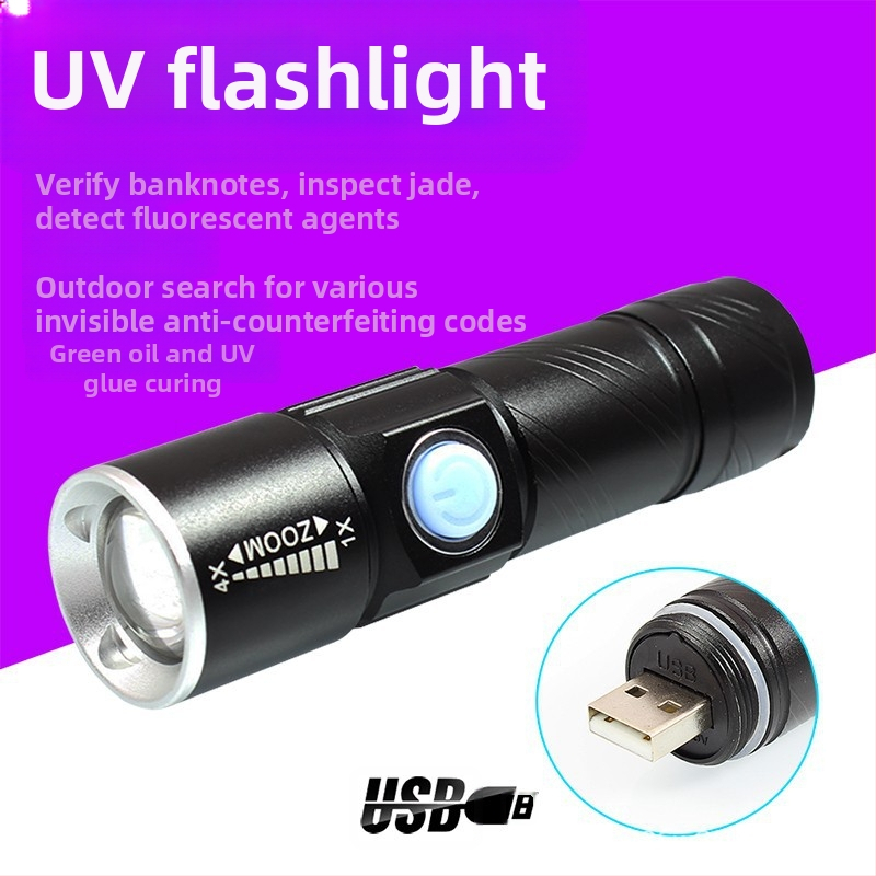 Nabíjateľná fialová USB baterka DARKBEAM 395nmUV, detekcia fluorescenčného činidla, overovanie bankoviek proti falšovaniu, identifikácia nefritu